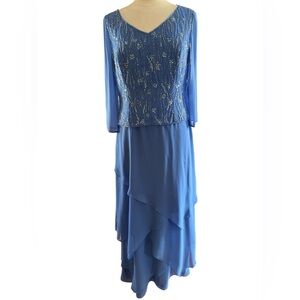 Jean De Lys Blue sequins & beads Asymmetrical Tiered Long Sleeve Gown Size 12